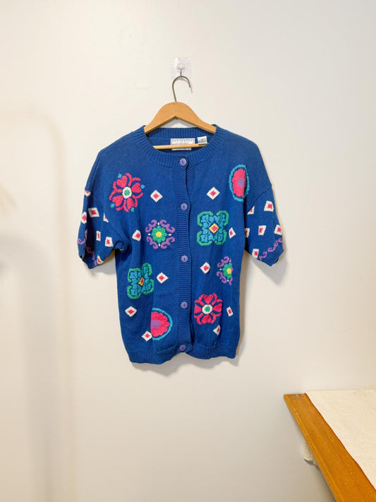 Vintage Hand Embroidered Short Sleeve Knit Cardigan (Size XL)
