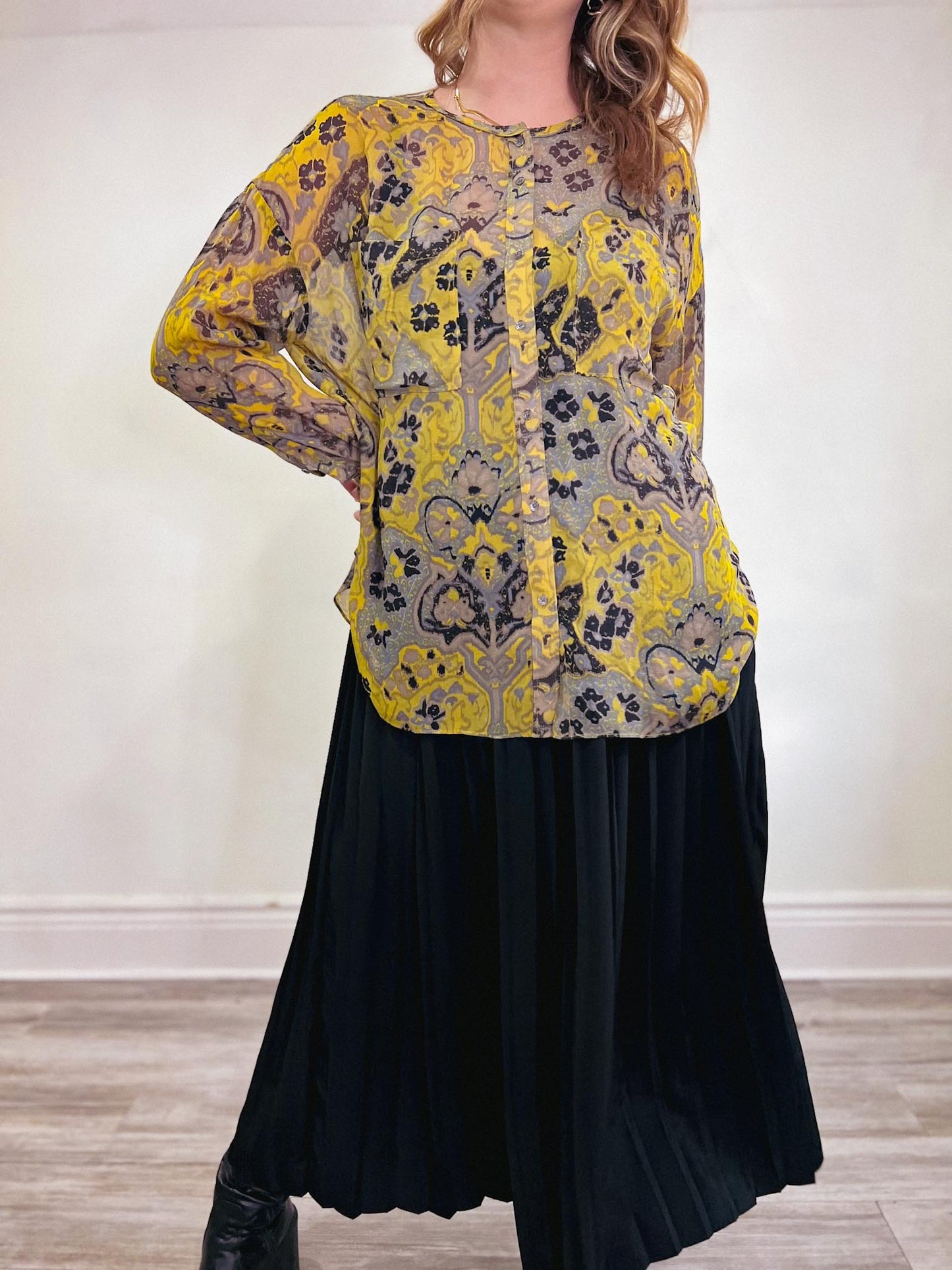 Wilfred Silk Sheer Blouse in Yellow/Grey/Blue Print SOLD AS IS (Size S/M)