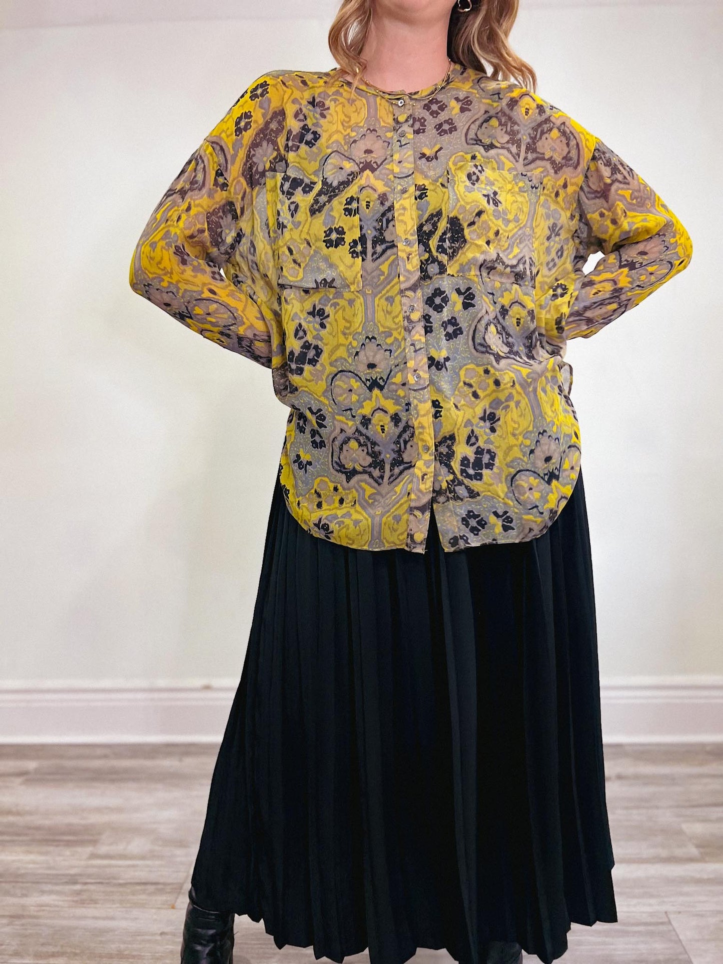 Wilfred Silk Sheer Blouse in Yellow/Grey/Blue Print SOLD AS IS (Size S/M)