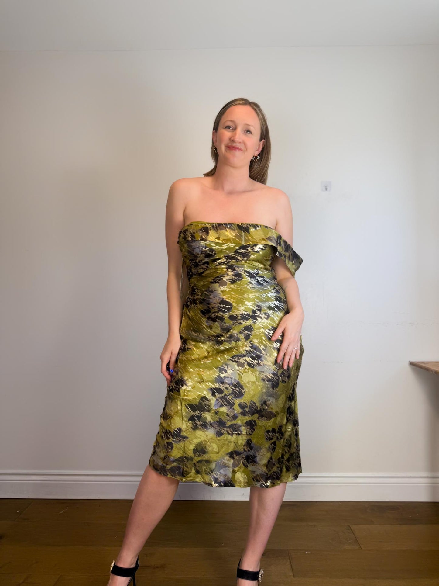 Anthropologie "One-Shoulder Printed Slim Midi Dress in Green/Gold" NWT (Size XL)