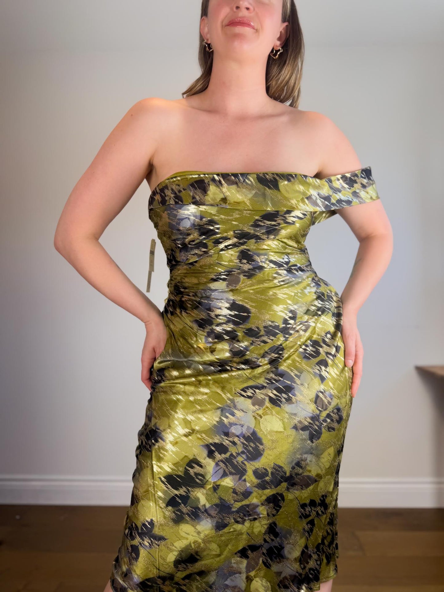 Anthropologie "One-Shoulder Printed Slim Midi Dress in Green/Gold" NWT (Size XL)