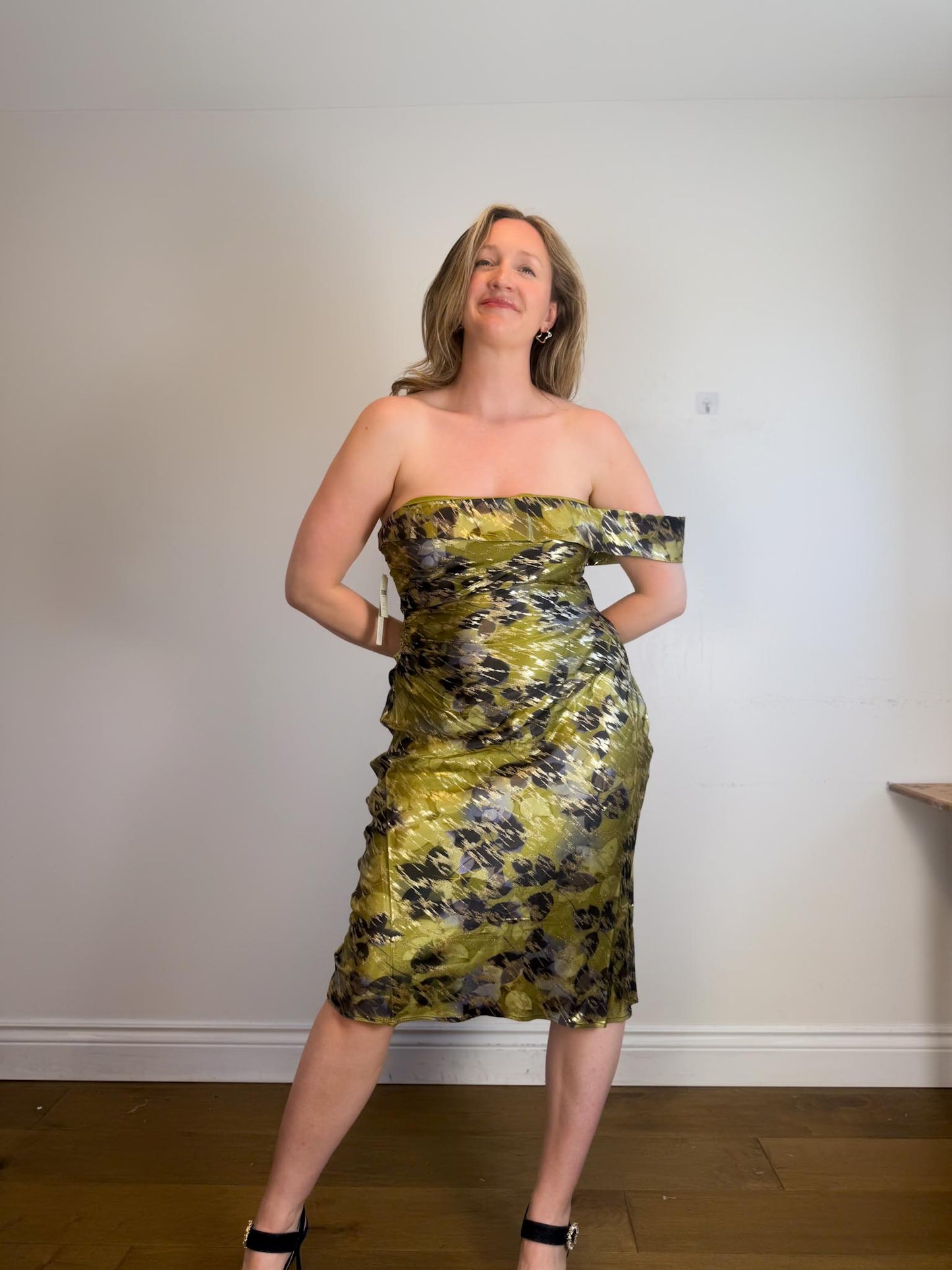 Anthropologie "One-Shoulder Printed Slim Midi Dress in Green/Gold" NWT (Size XL)