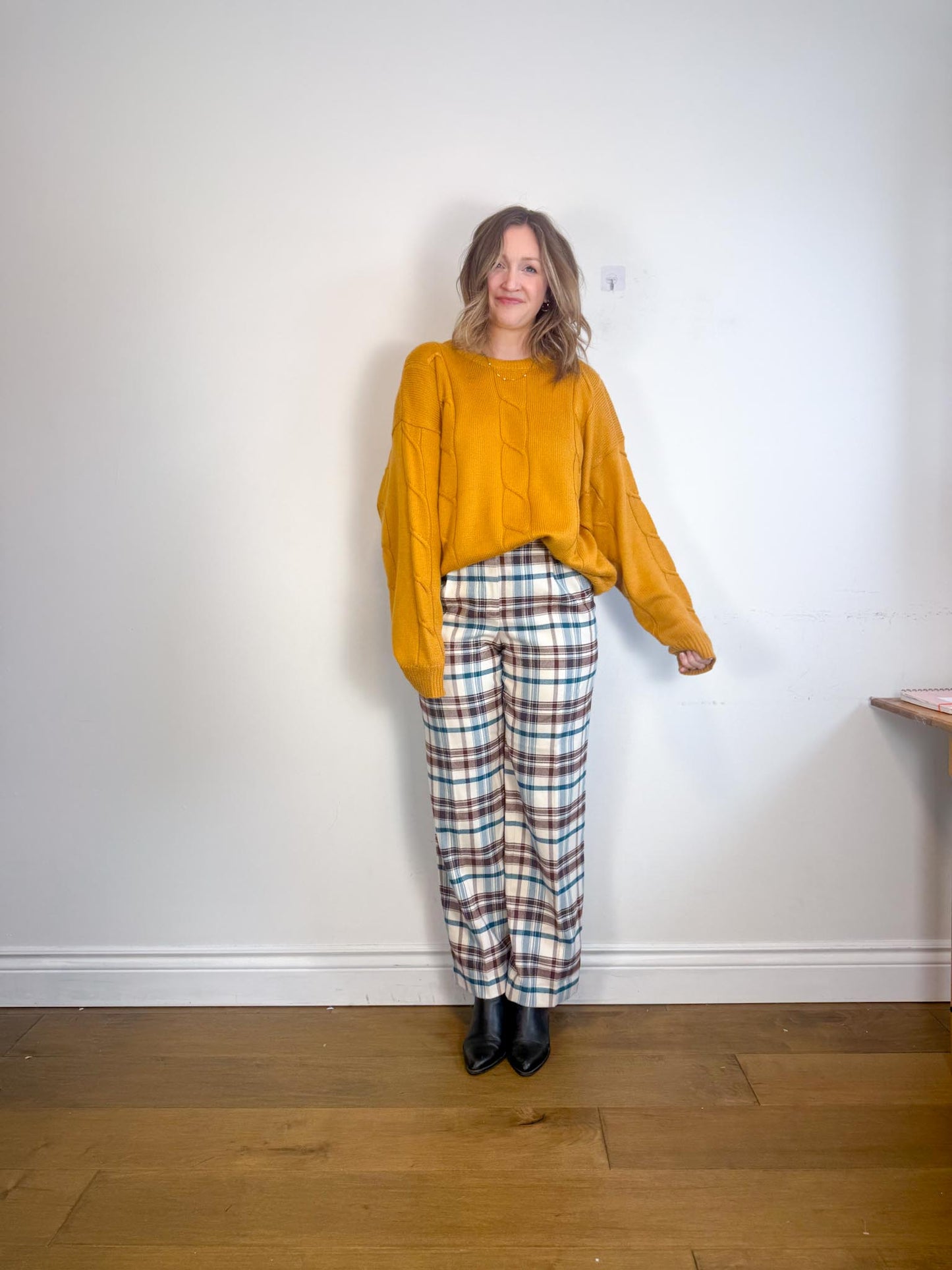 Wilfred Plaid Trousers in White/Brown/Blue (Size 10)