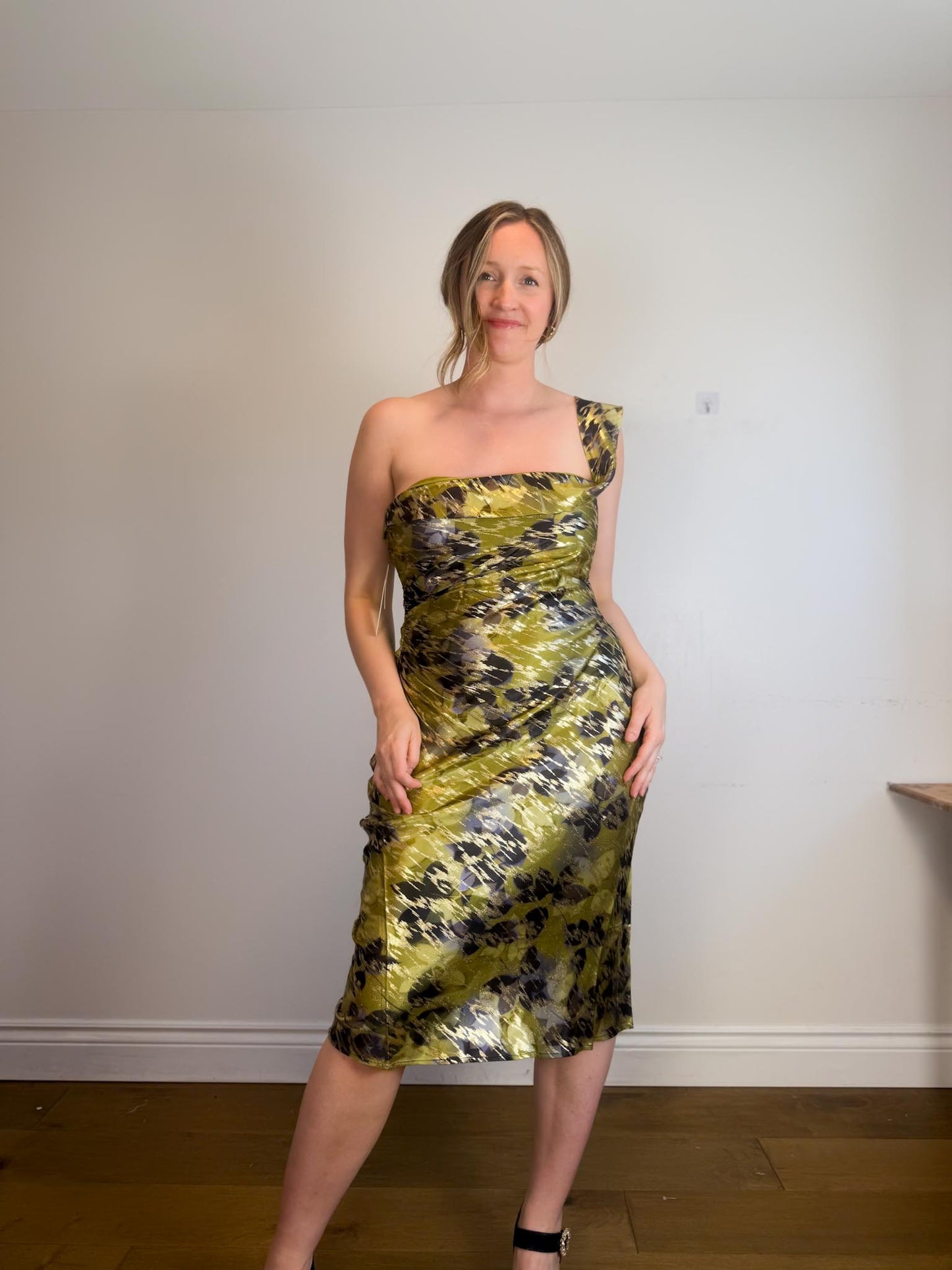 Anthropologie "One-Shoulder Printed Slim Midi Dress in Green/Gold" NWT (Size XL)
