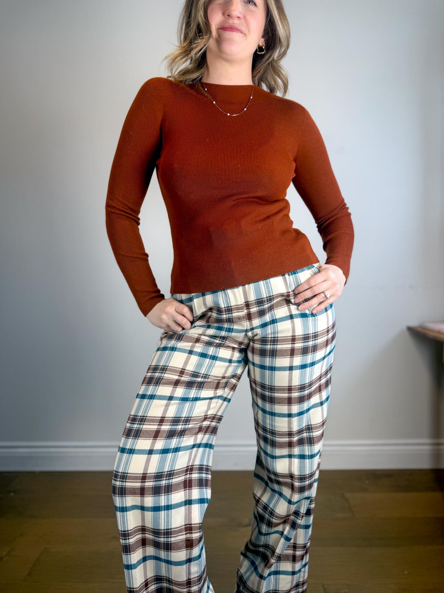 Wilfred Plaid Trousers in White/Brown/Blue (Size 10)