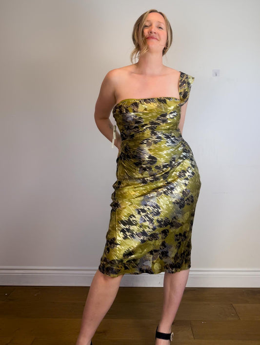 Anthropologie "One-Shoulder Printed Slim Midi Dress in Green/Gold" NWT (Size XL)