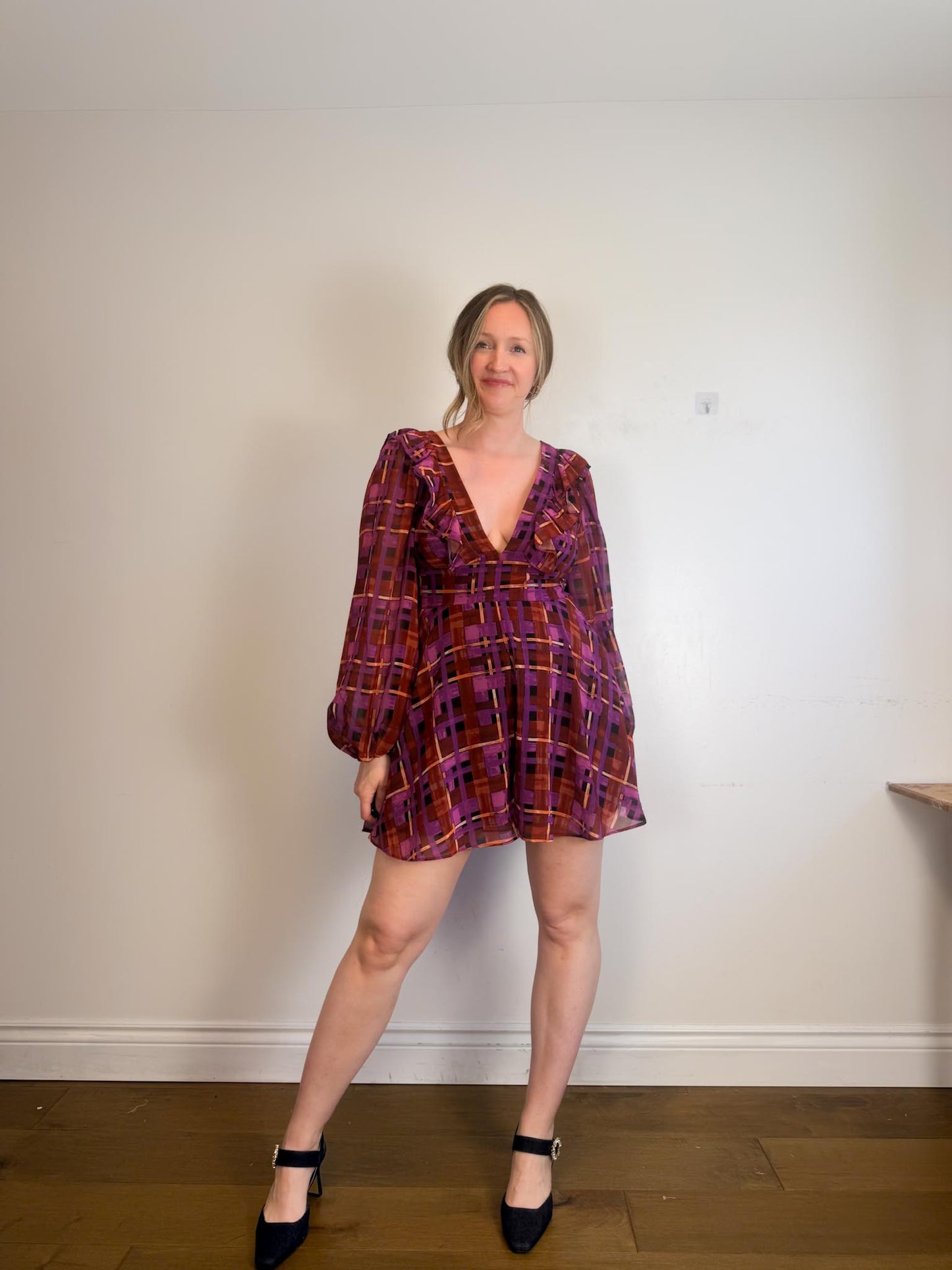 Anthropologie "Hutch Long-Sleeve Deep-V Romper in Check Print" NWT (Size M/L)