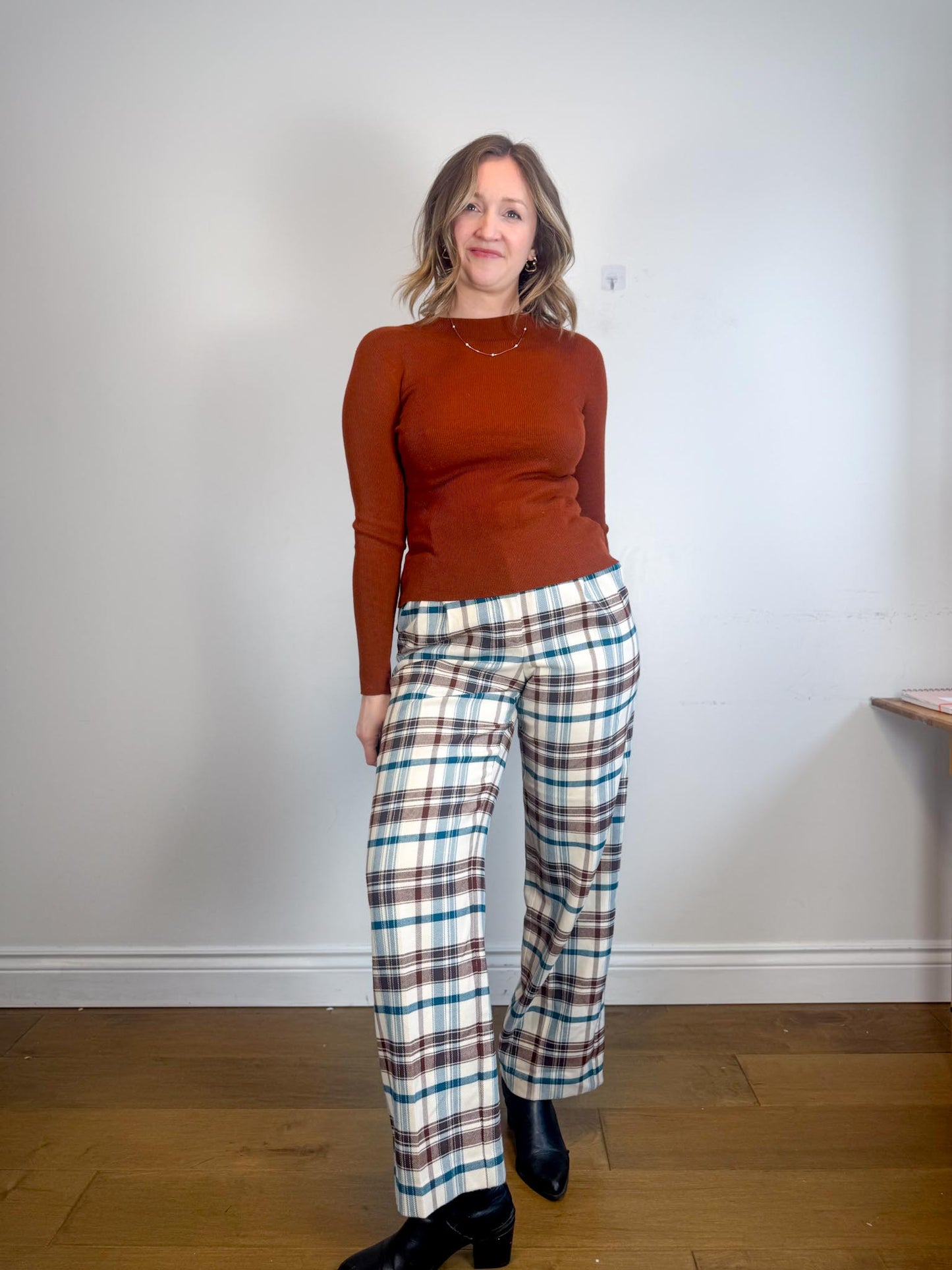 Wilfred Plaid Trousers in White/Brown/Blue (Size 10)