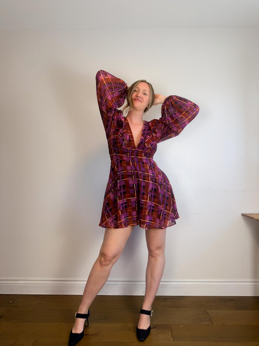 Anthropologie "Hutch Long-Sleeve Deep-V Romper in Check Print" NWT (Size M/L)