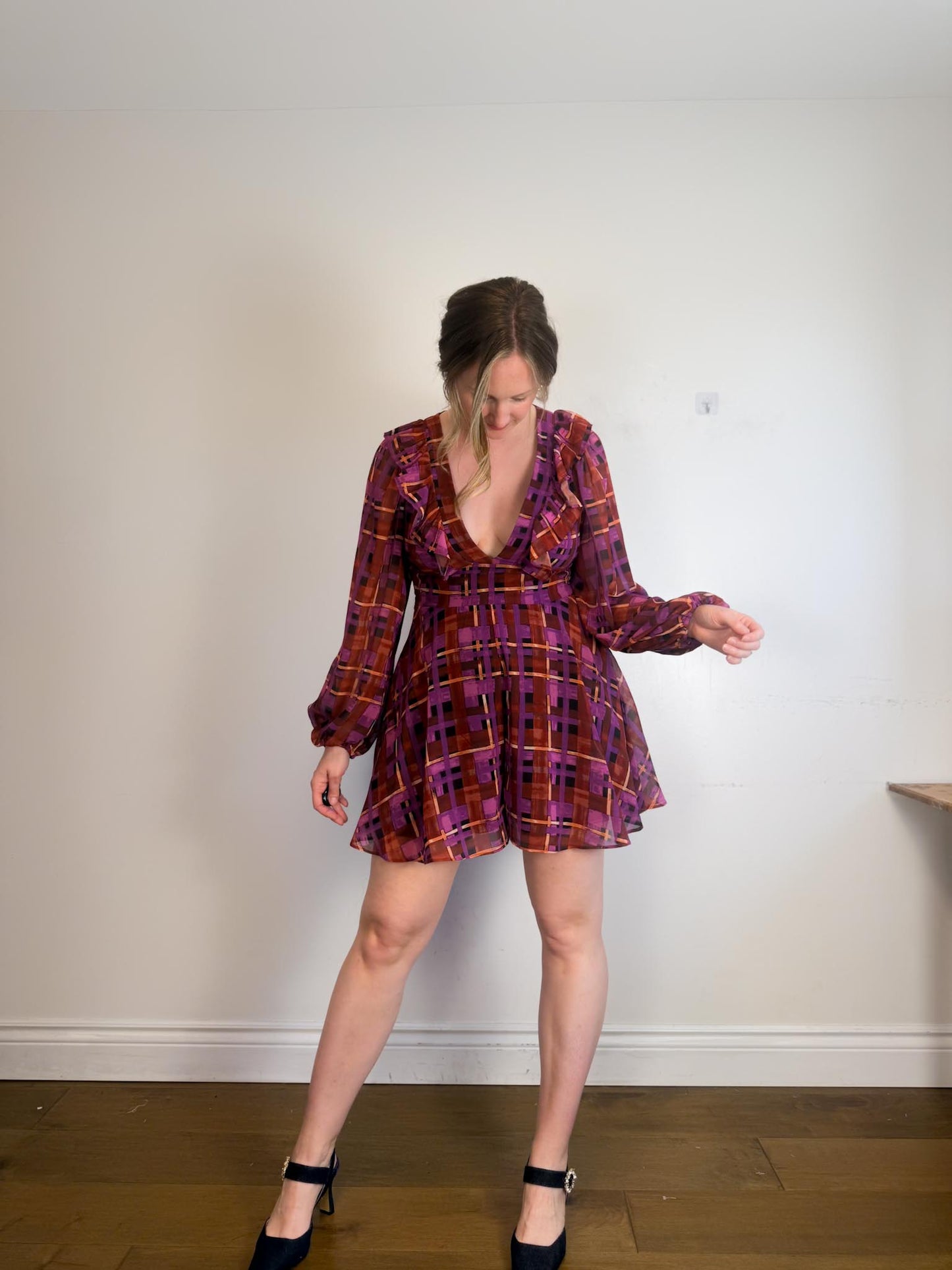 Anthropologie "Hutch Long-Sleeve Deep-V Romper in Check Print" NWT (Size M/L)