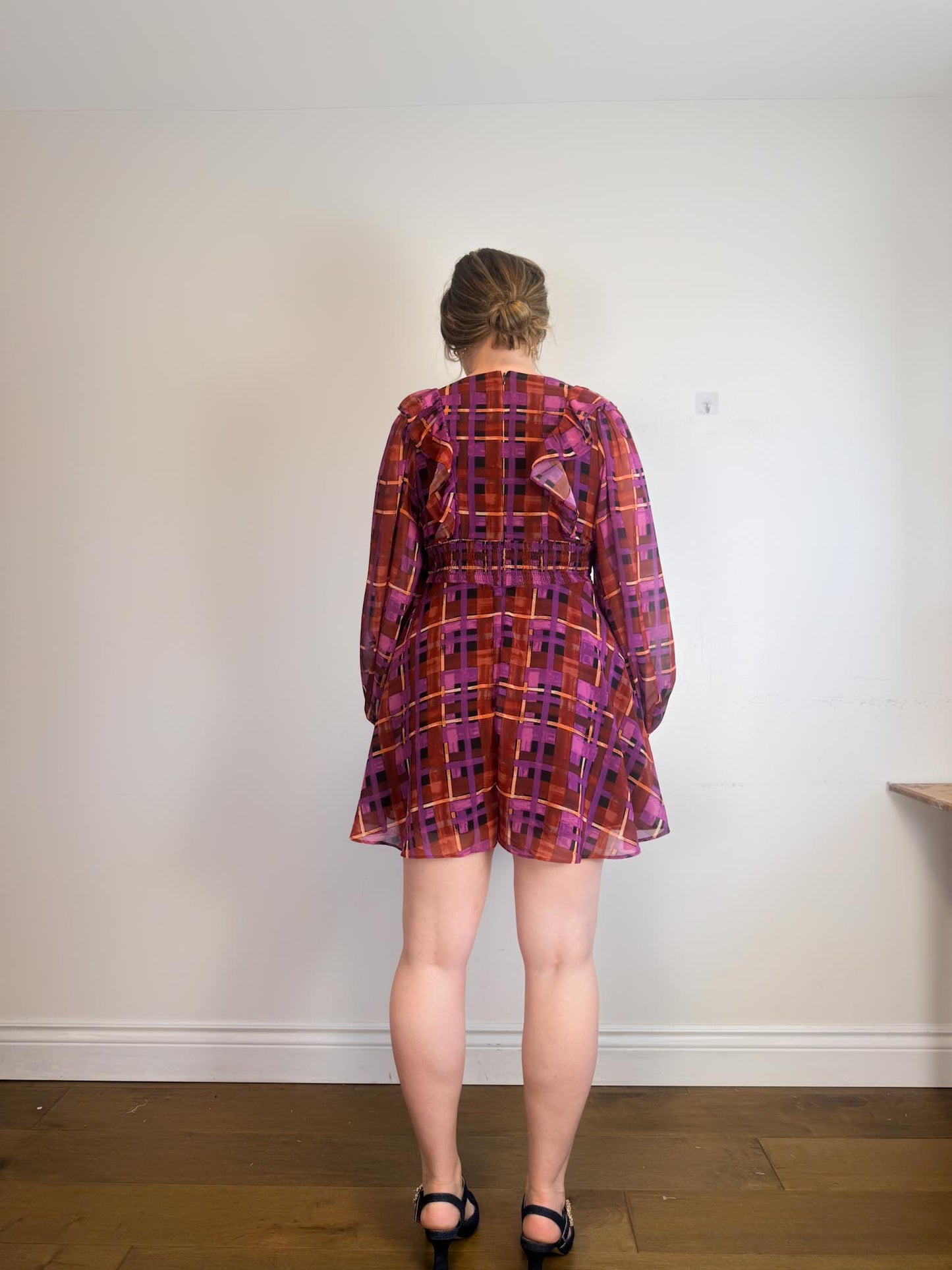 Anthropologie "Hutch Long-Sleeve Deep-V Romper in Check Print" NWT (Size M/L)