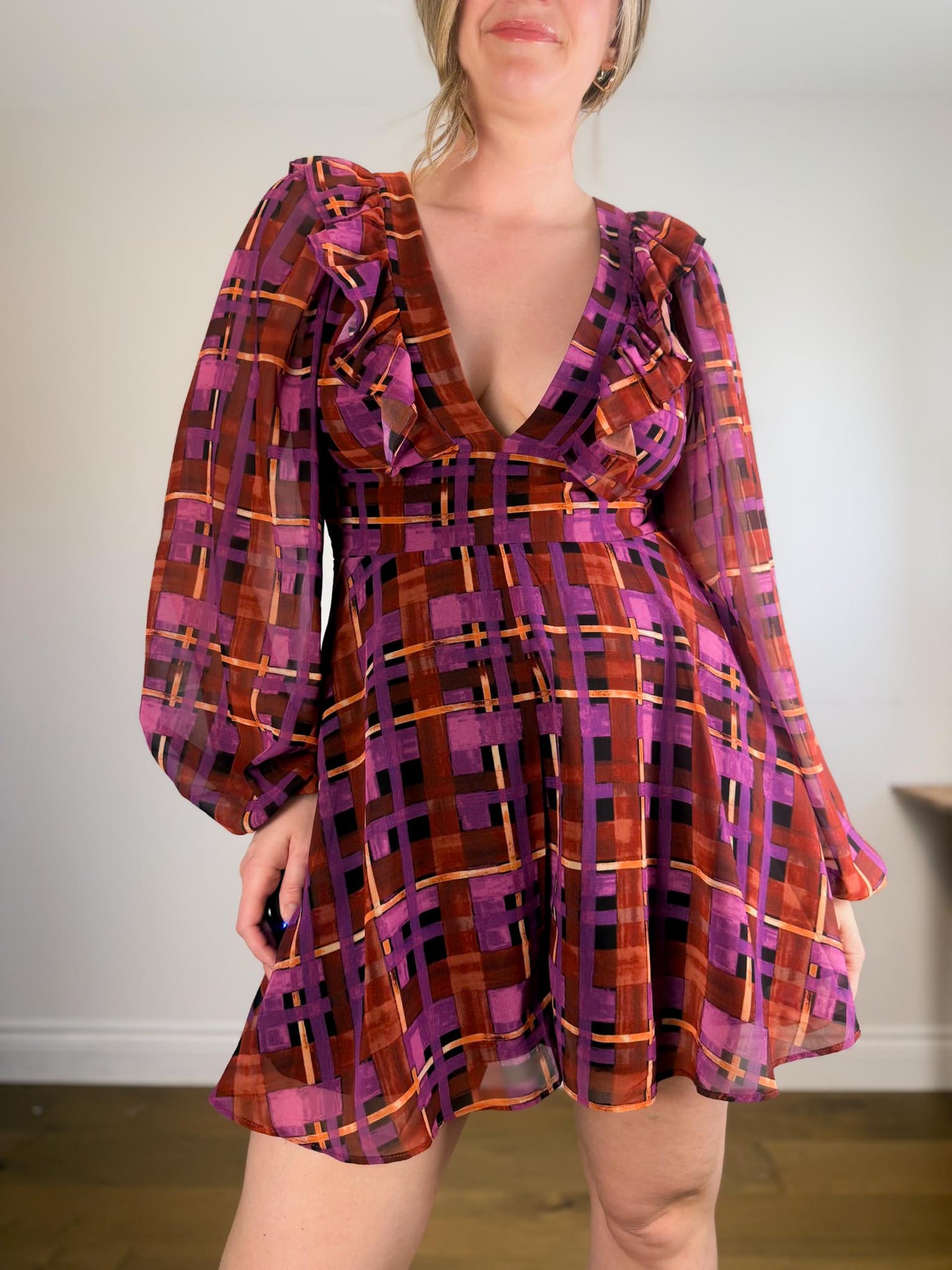 Anthropologie "Hutch Long-Sleeve Deep-V Romper in Check Print" NWT (Size M/L)