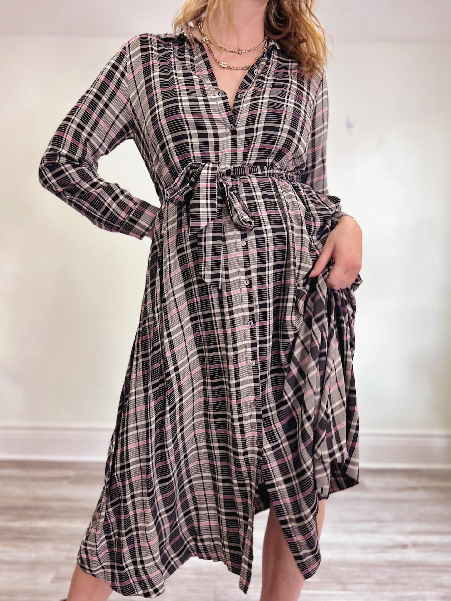 HATCH "The Alyssa Dress in Black/White/Pink Plaid" NWT (Size S/M)