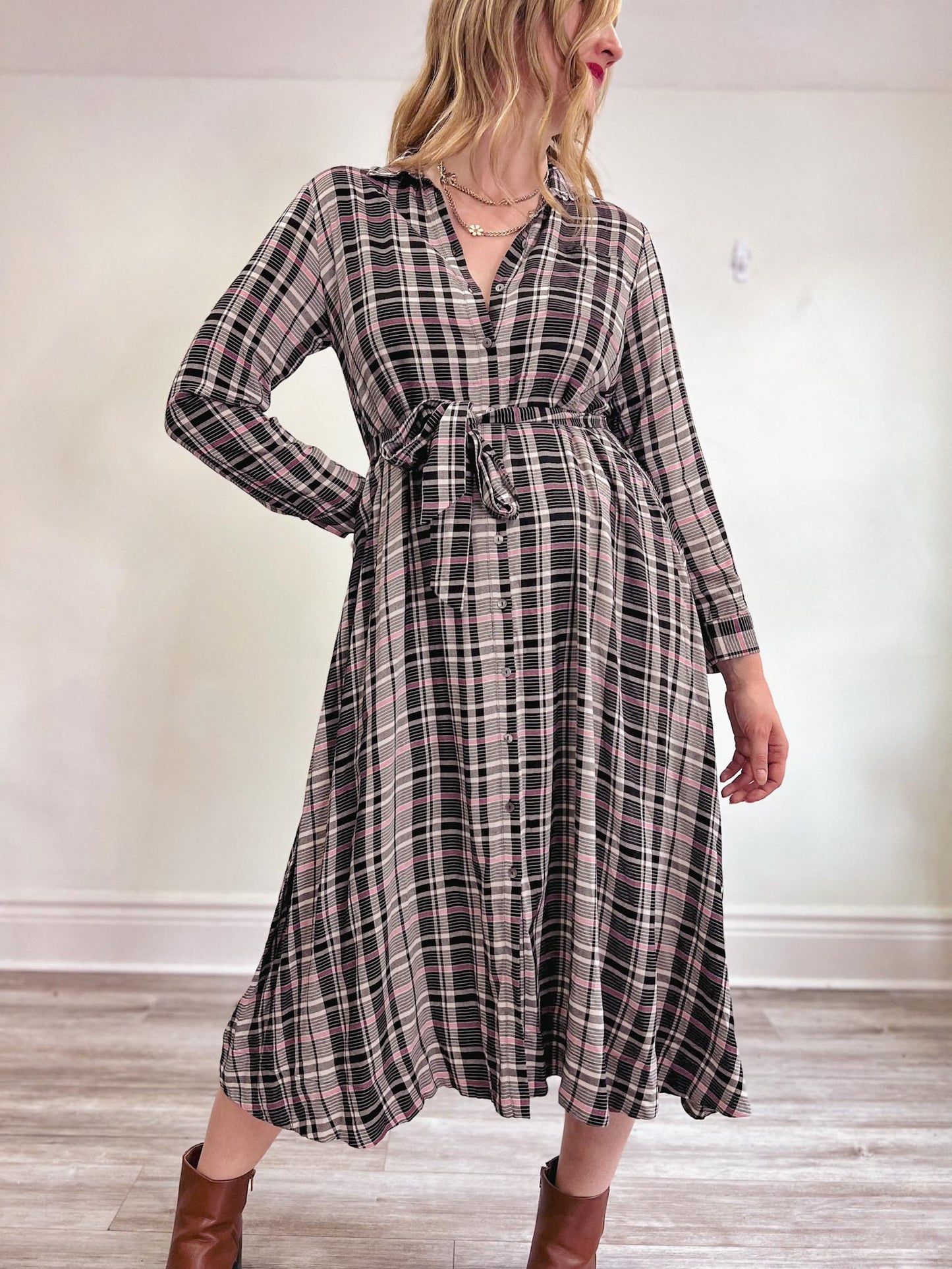 HATCH "The Alyssa Dress in Black/White/Pink Plaid" NWT (Size S/M)