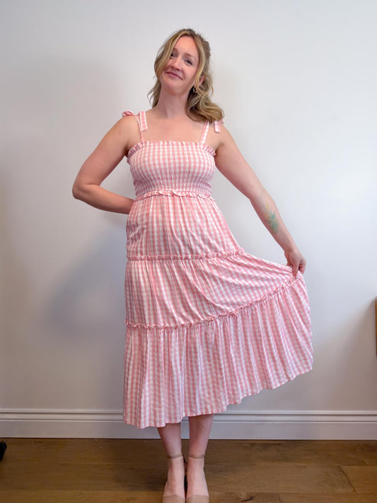 Aaron & Amber Smocked Maxi Dress in Pink Gingham (Size M)