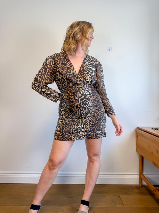 RIXO "Golden Silk Mini Dress in Leopard Print" (Size XL)
