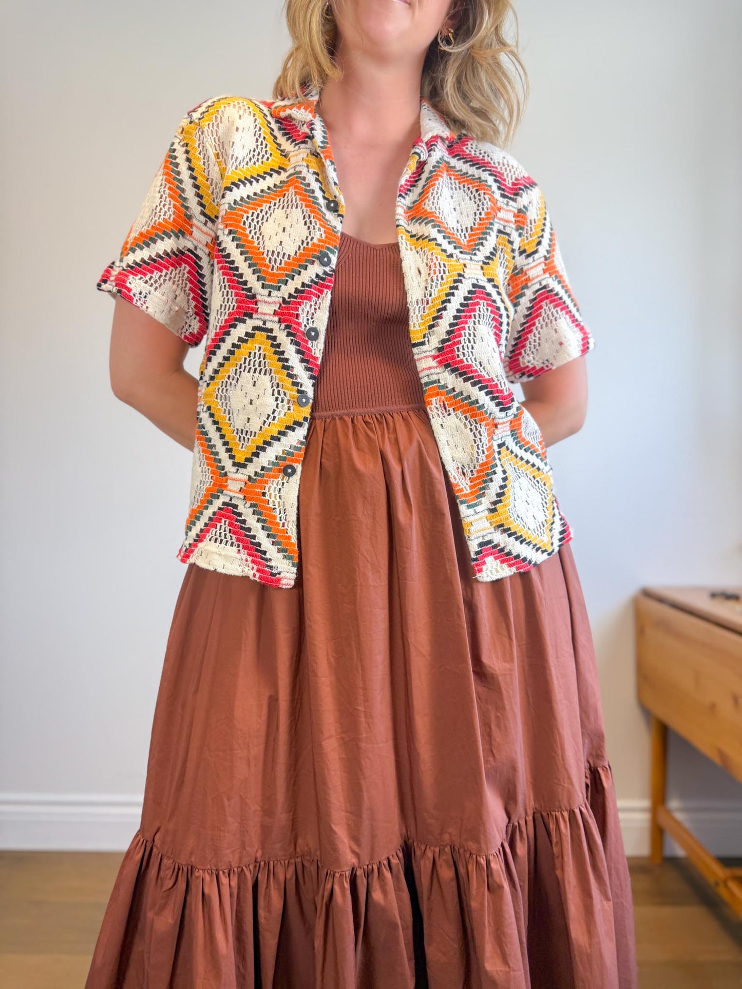 Zara Multi-Colour Crochet Button Down Top (Size S/M)