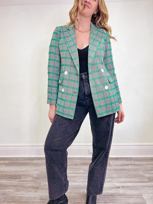 Topshop Oversized Plaid Blazer in Black/White/Green (Size M)