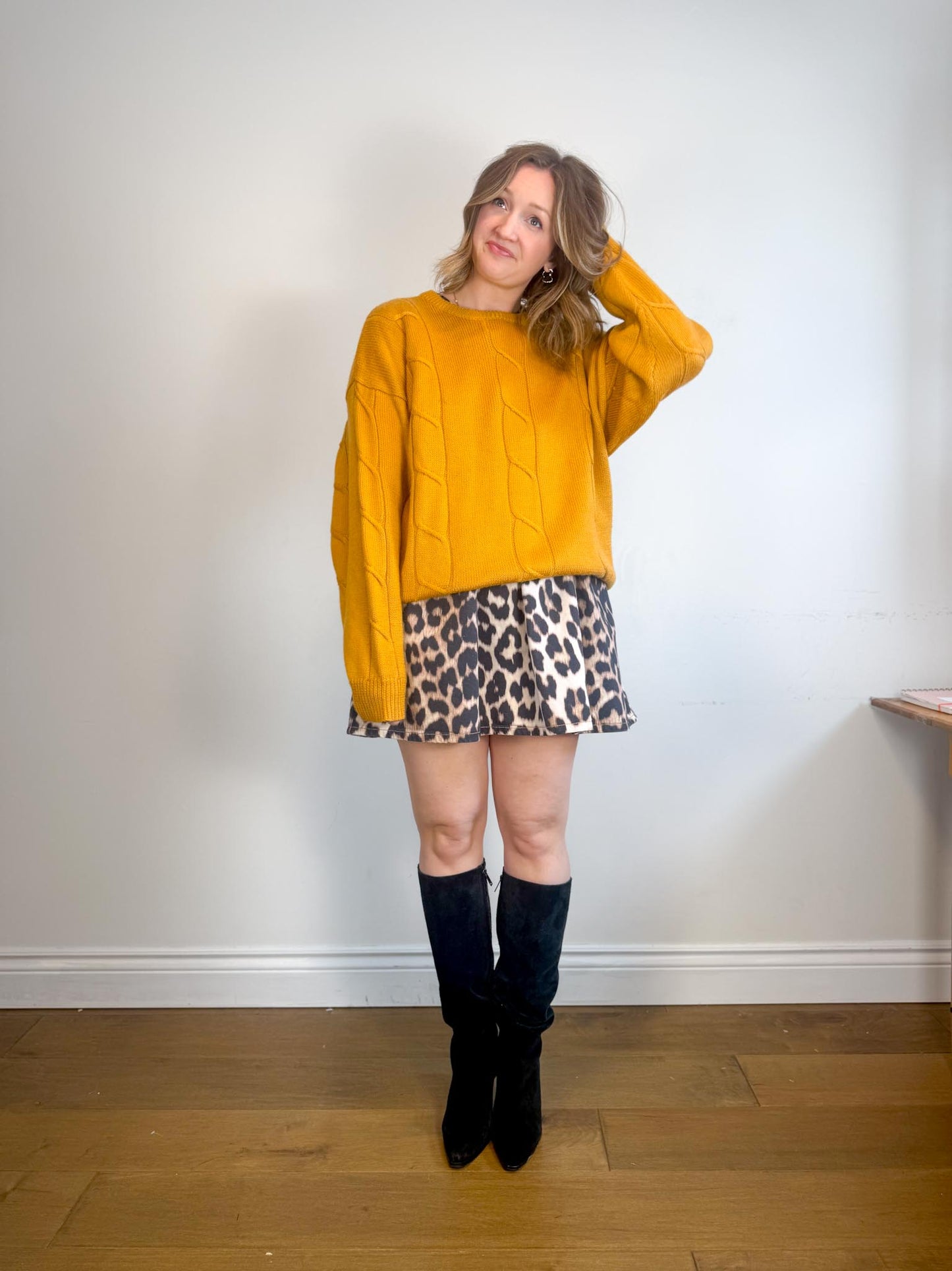 Vintage Cable Knit Wool Sweater in Mustard (Size XL)