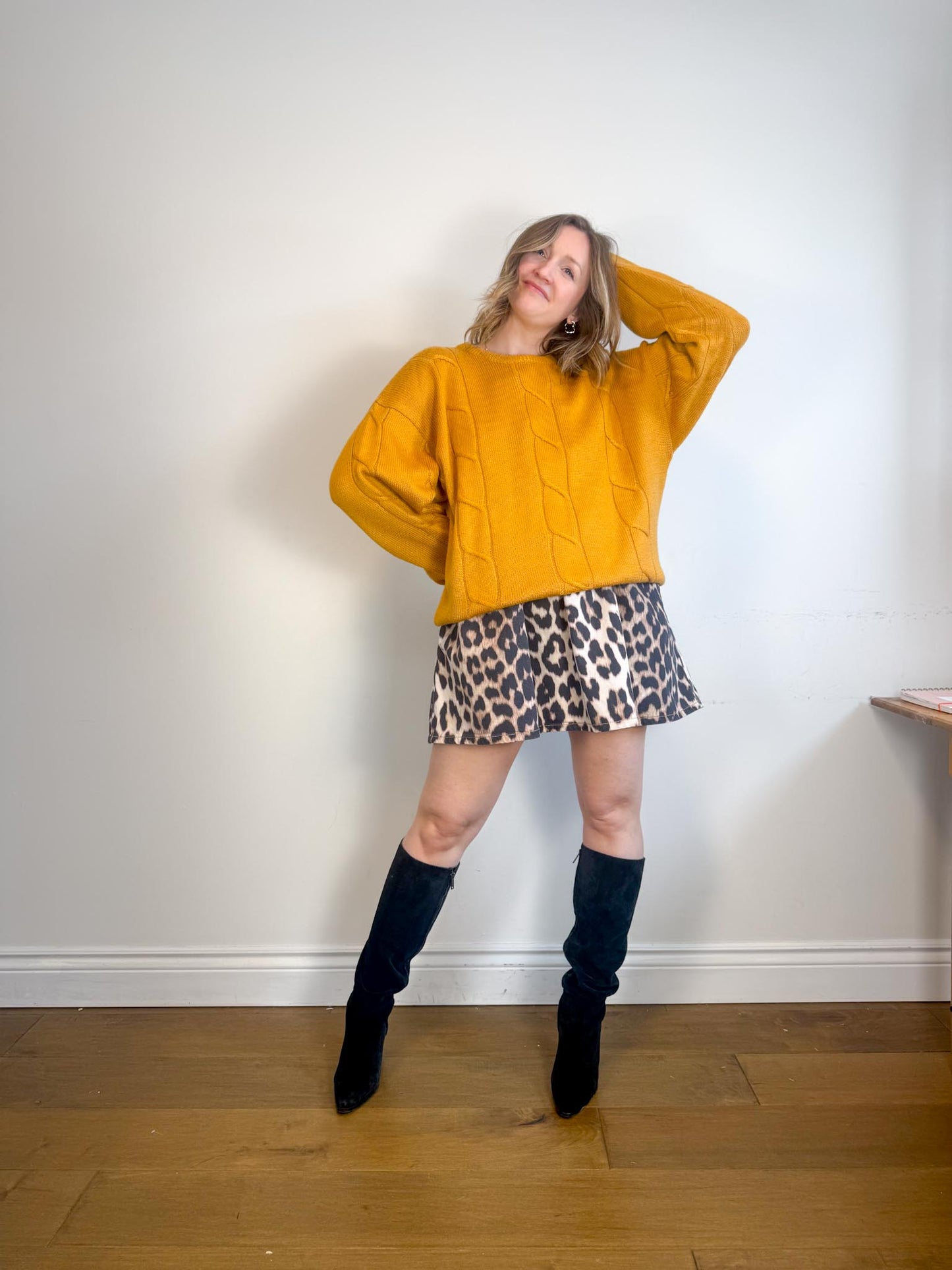 Vintage Cable Knit Wool Sweater in Mustard (Size XL)