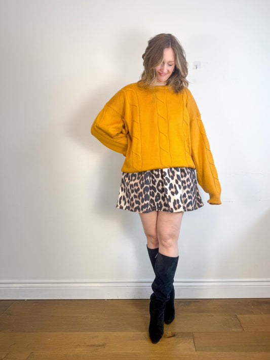 Vintage Cable Knit Wool Sweater in Mustard (Size XL)