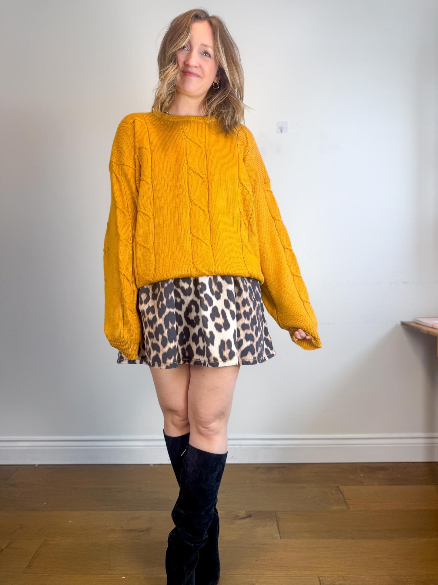 Vintage Cable Knit Wool Sweater in Mustard (Size XL)