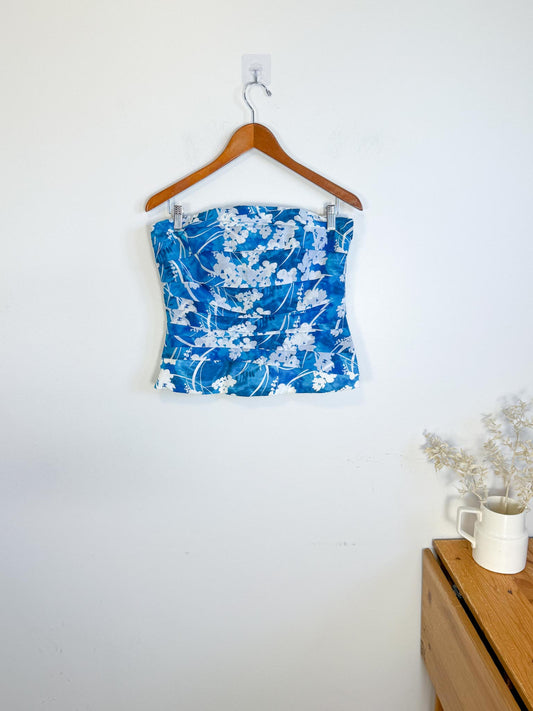 White House Black Market Silk Bustier Corset Top in White/Blue Floral (Size L)