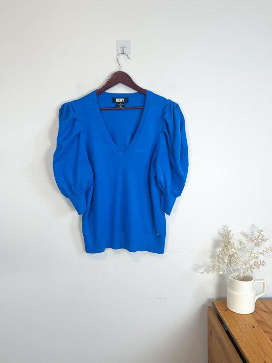 DKNY "Ribbed Knit Puff Sleeve T-Shirt in Blue (Size XL)