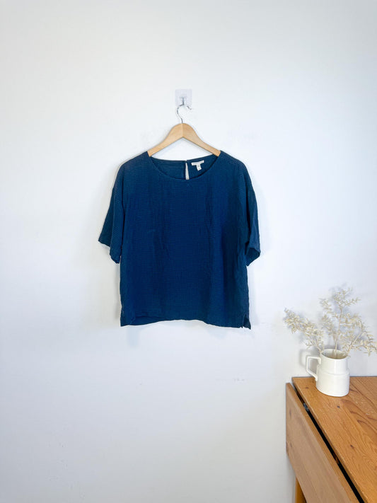 Eileen Fisher Linen Boxy Top in Navy Gingham (Size M)