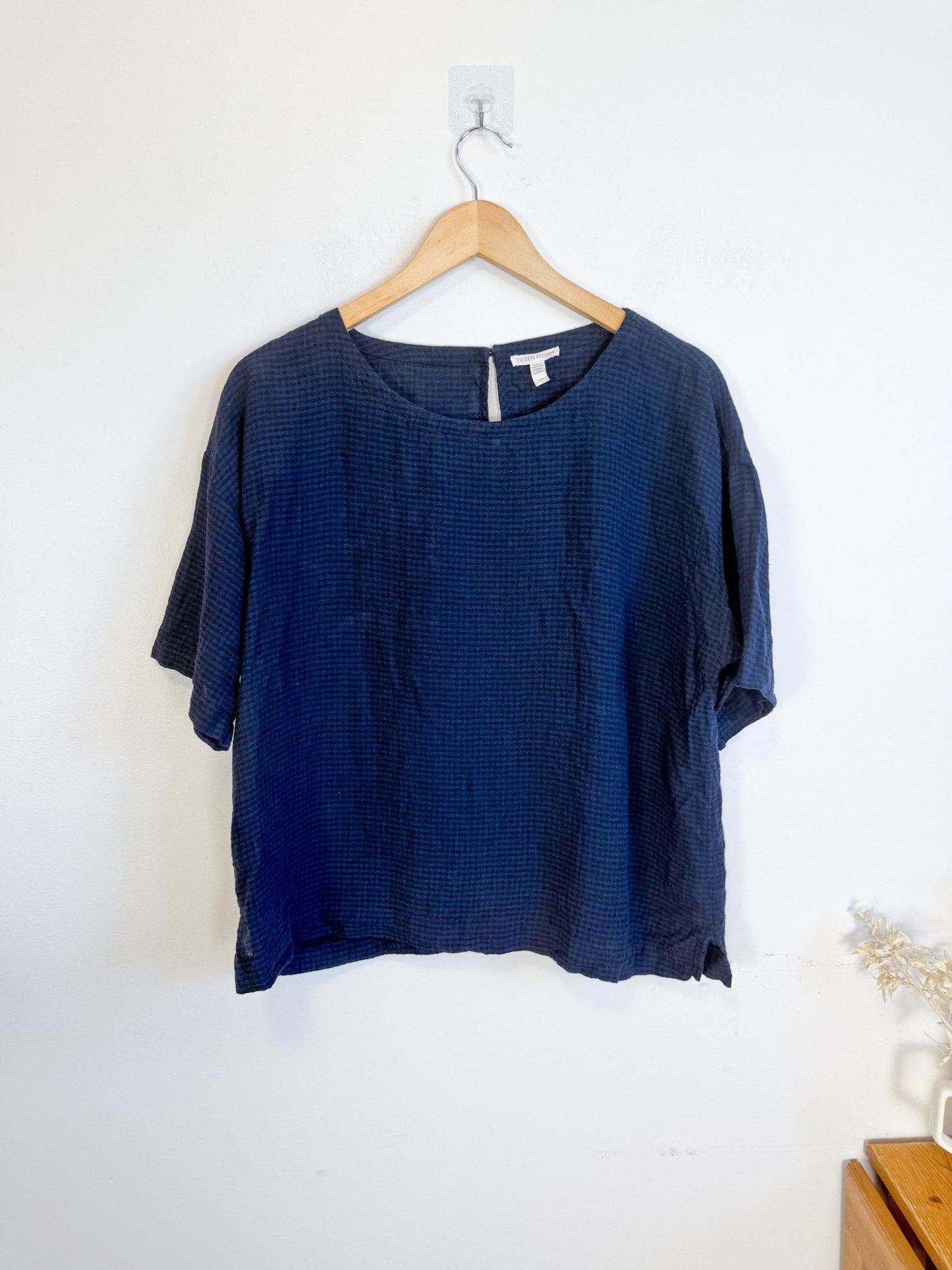 Eileen Fisher Linen Boxy Top in Navy Gingham (Size M)