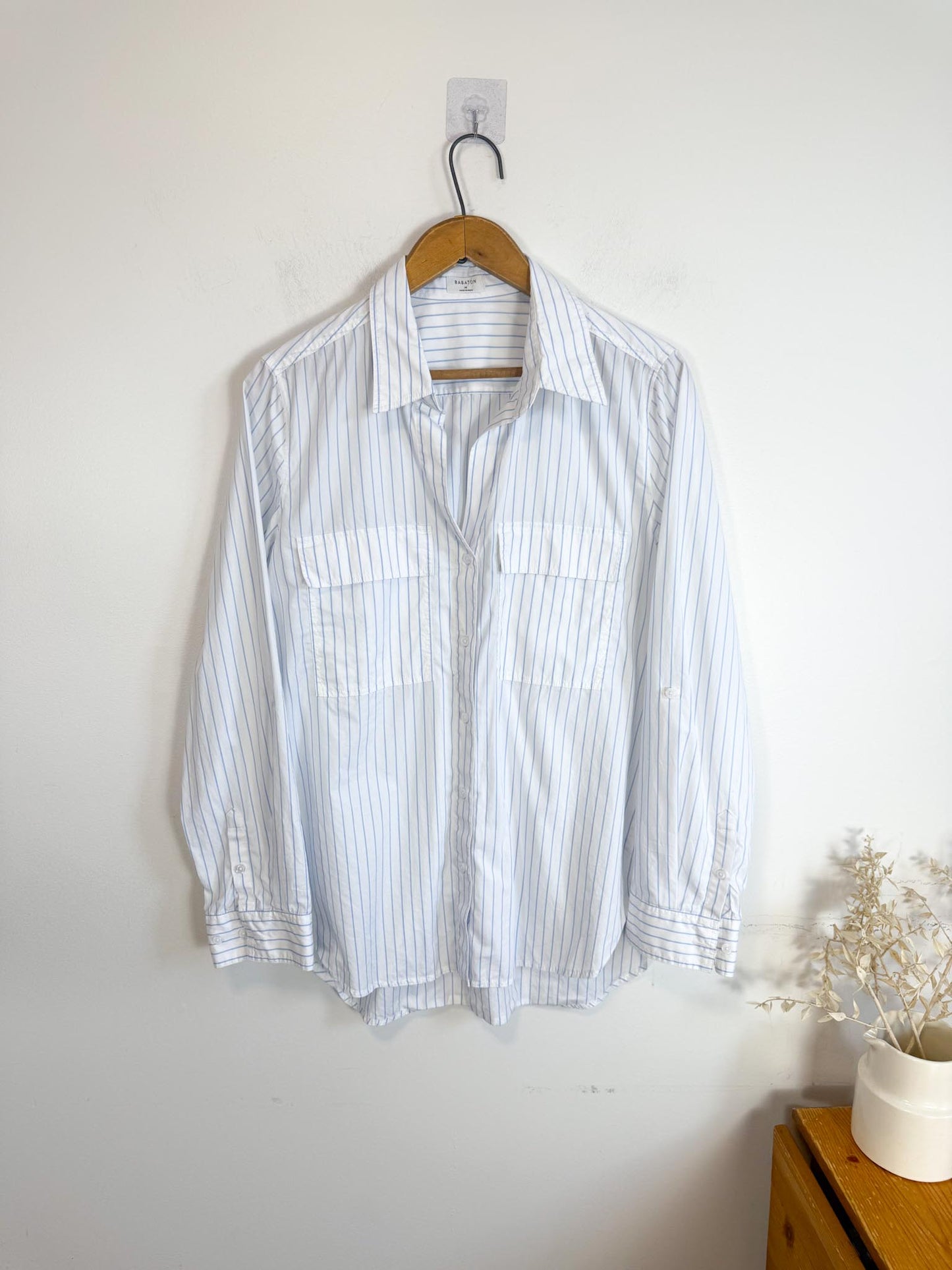 Babaton Striped Button Down in White/Blue (Size M)