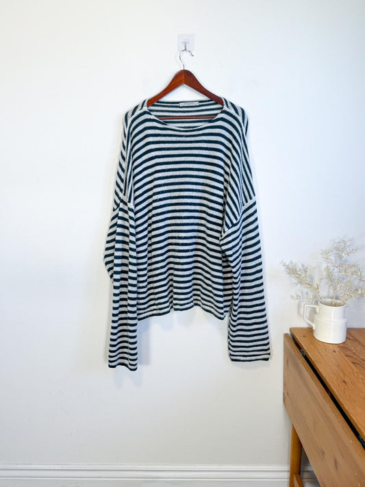 ALLSAINTS "Striped Oversized Casso Sweater in White/Black Stripe" (Size XL)