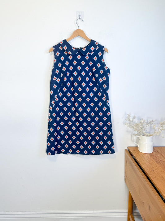 Vintage Geometric Pattern Mini Dress in Navy/Orange (Size L)