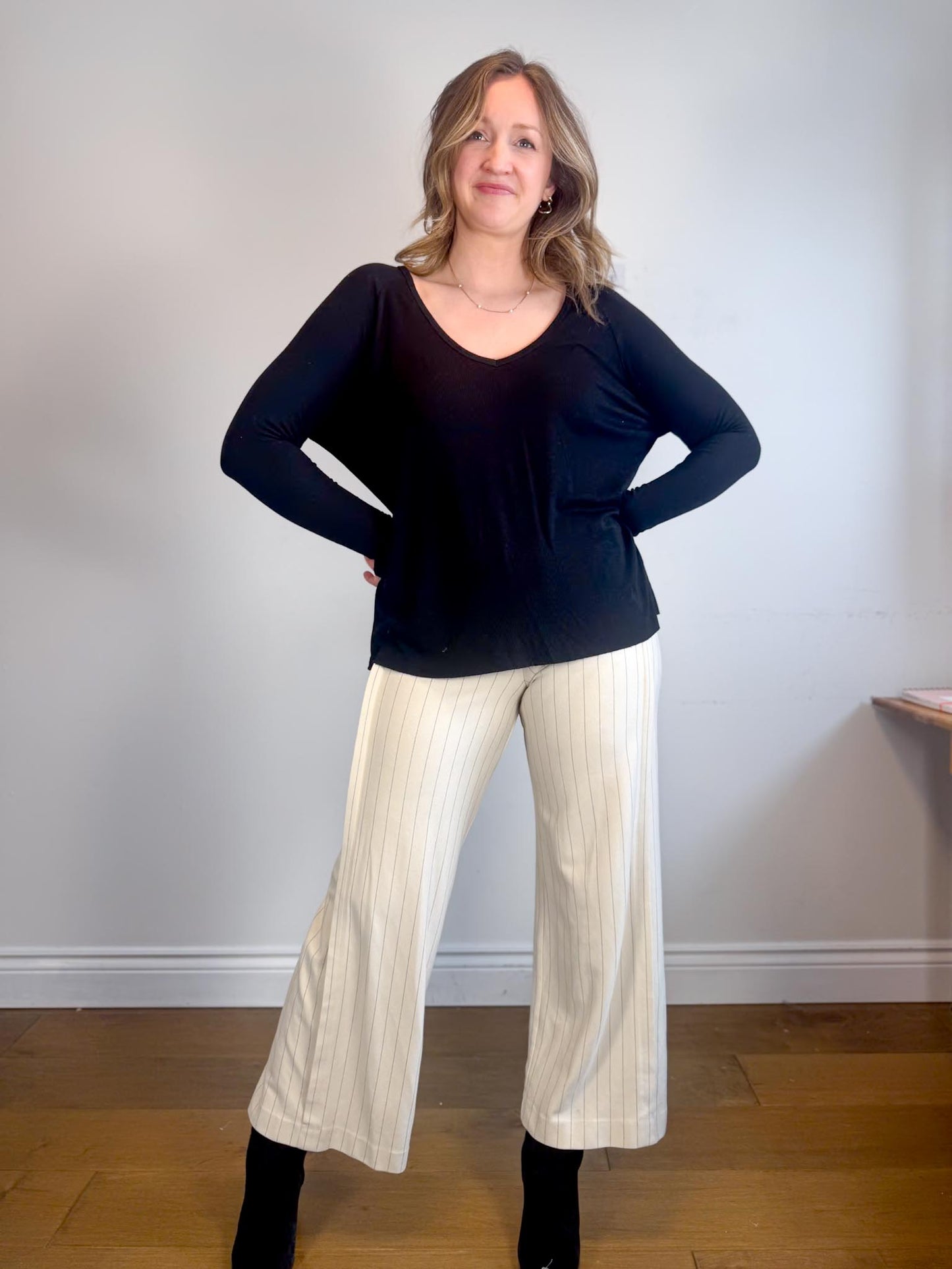 COS "Elasticated Pull On Wide Pinstriped Pants in Cream/Black" (Size S/M)