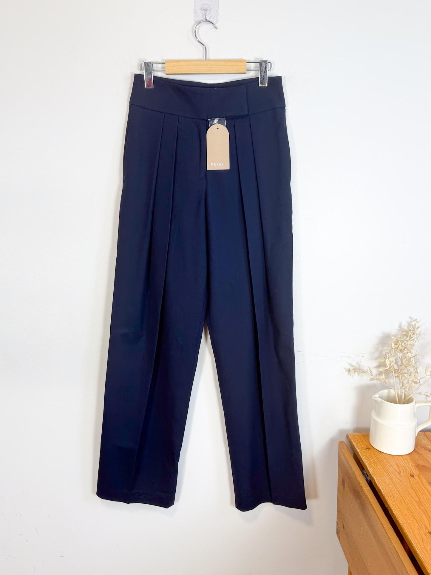 MESHKI "Penelope Pleated High Waisted Pants in Dark Navy" NWT (Size S)