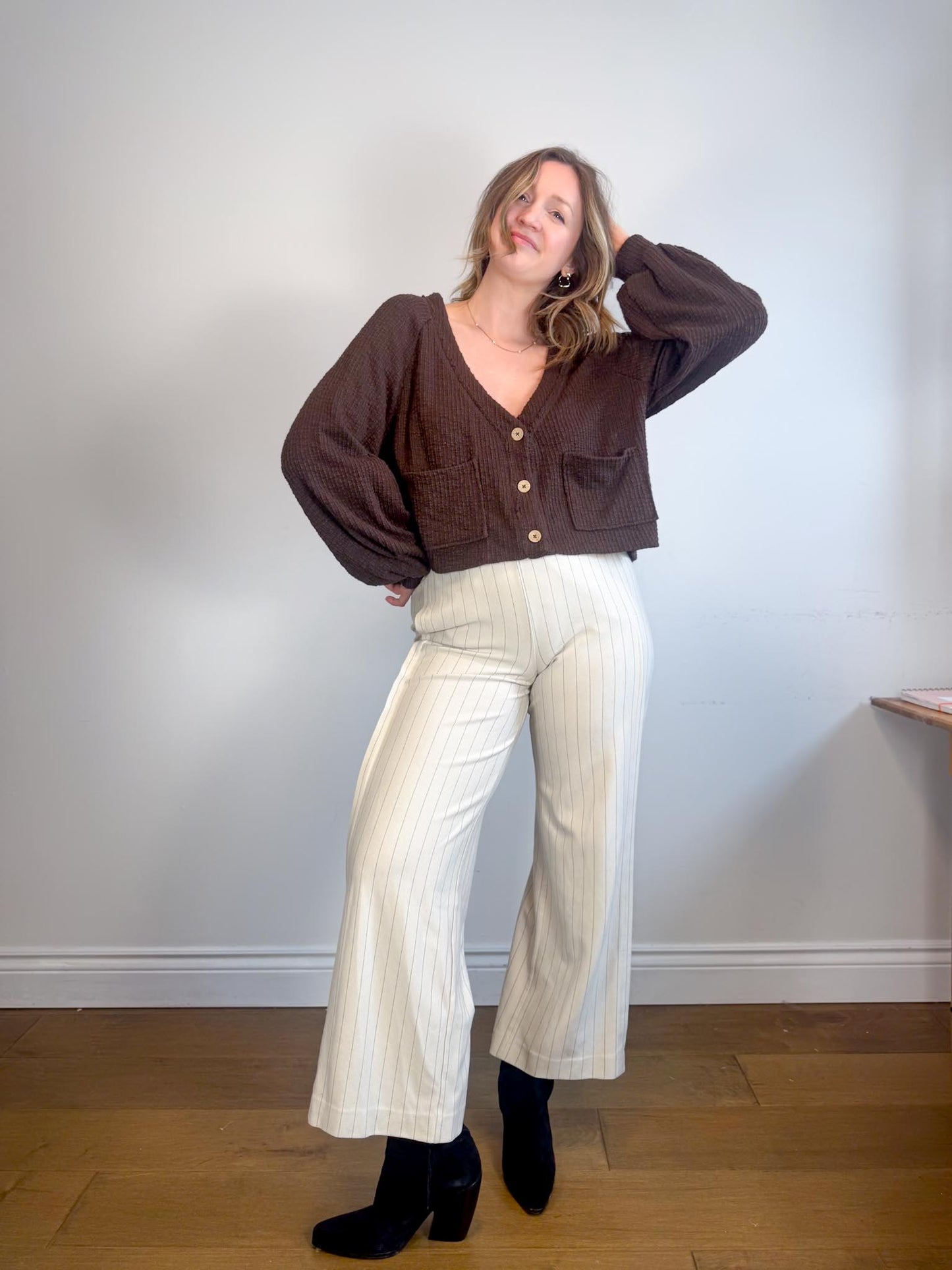 COS "Elasticated Pull On Wide Pinstriped Pants in Cream/Black" (Size S/M)