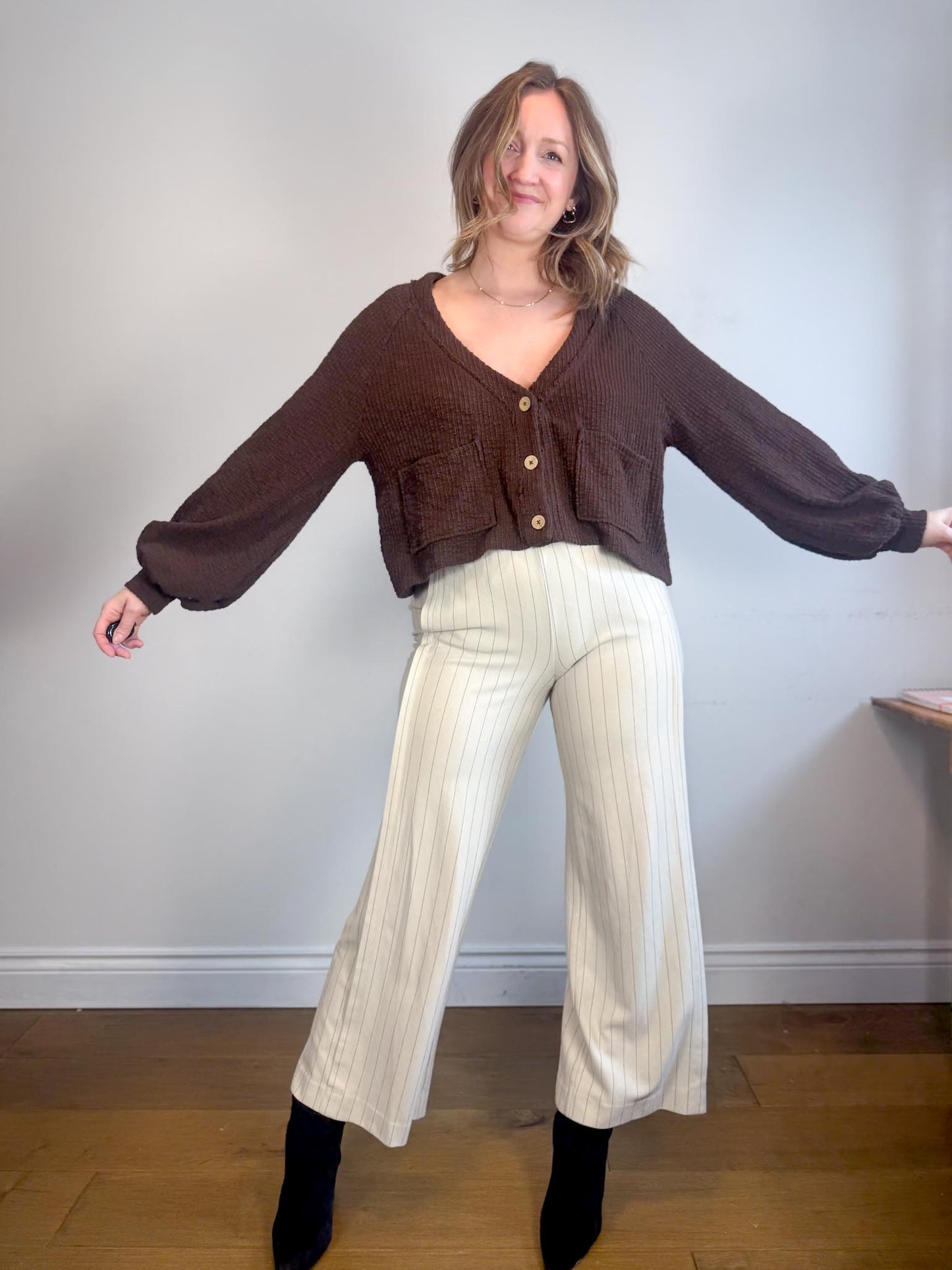 COS "Elasticated Pull On Wide Pinstriped Pants in Cream/Black" (Size S/M)