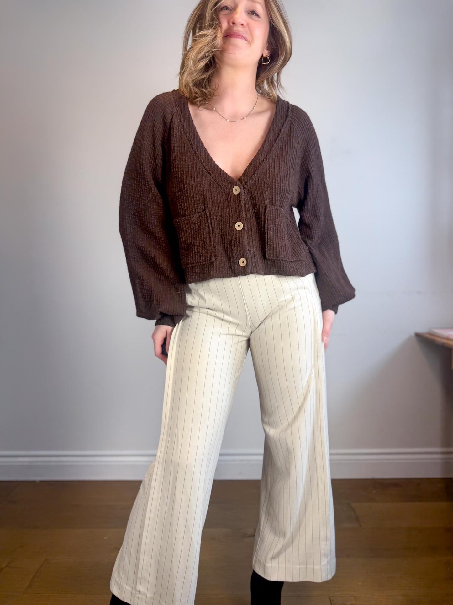 COS "Elasticated Pull On Wide Pinstriped Pants in Cream/Black" (Size S/M)