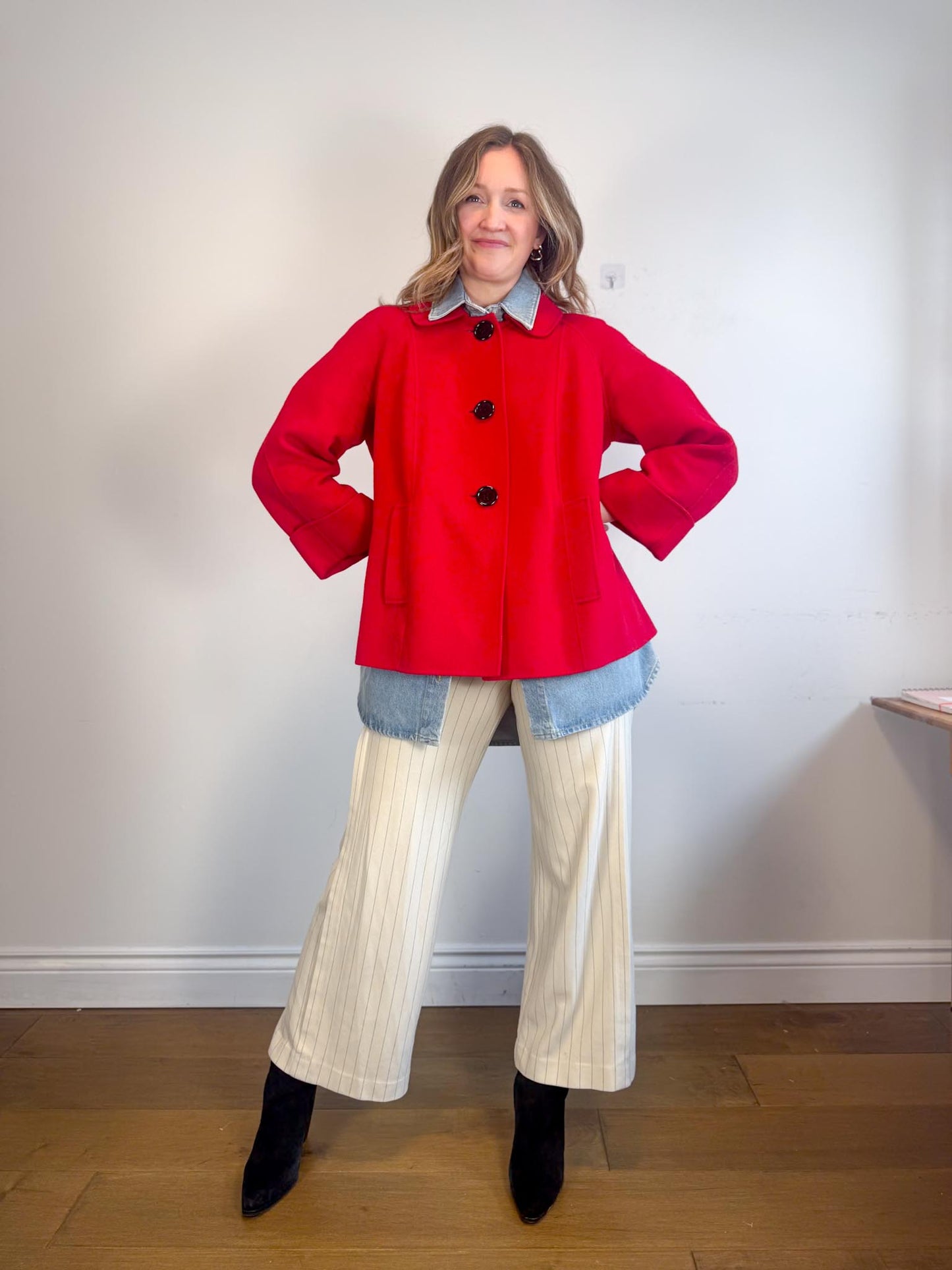 COS "Elasticated Pull On Wide Pinstriped Pants in Cream/Black" (Size S/M)