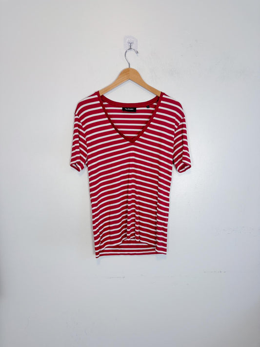 The Kooples Striped V-Neck T-Shirt in Red/White (Size L)
