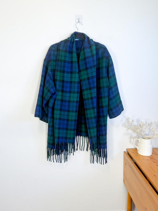 Vintage Plaid Wool Coat with Attached Scarf & Fringe (Size L)