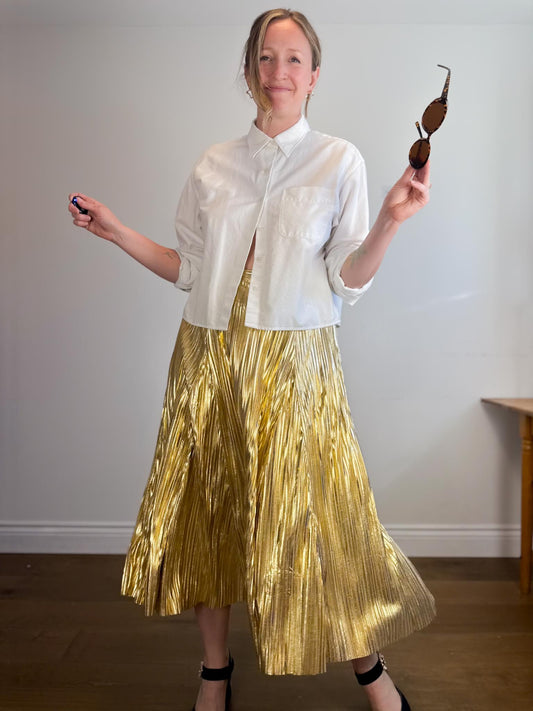 Anthropologie "The Gigi Pleated Metallic Skirt in Gold" (Size M/L)