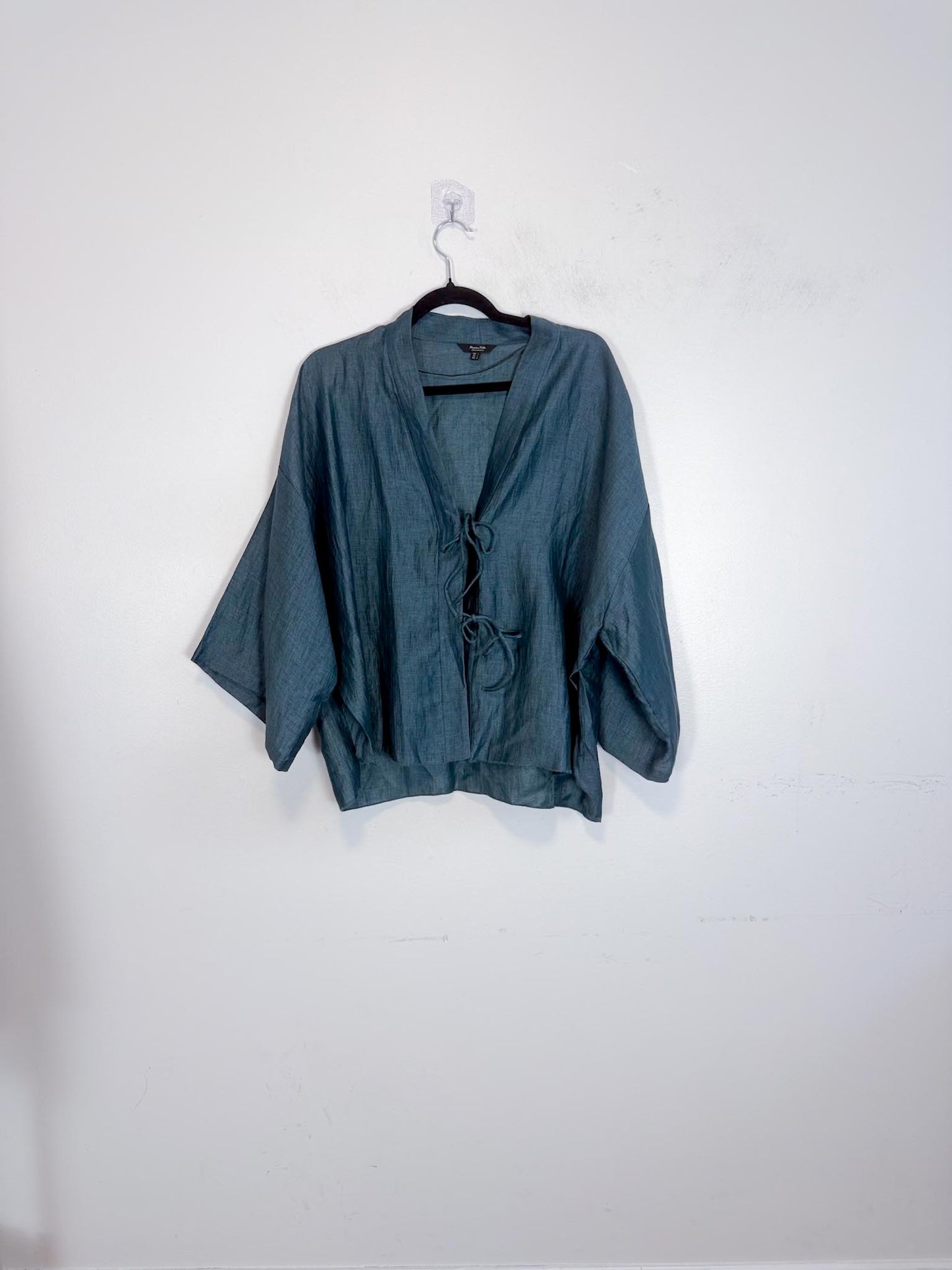 Massimo Dutti Linen Blouse in Dark Teal with Tie Up Front (Size L)