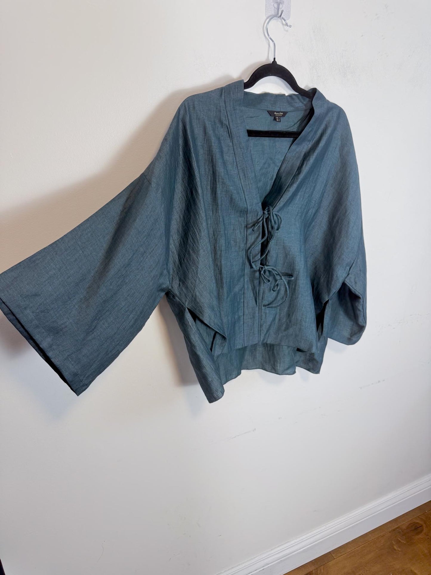 Massimo Dutti Linen Blouse in Dark Teal with Tie Up Front (Size L)