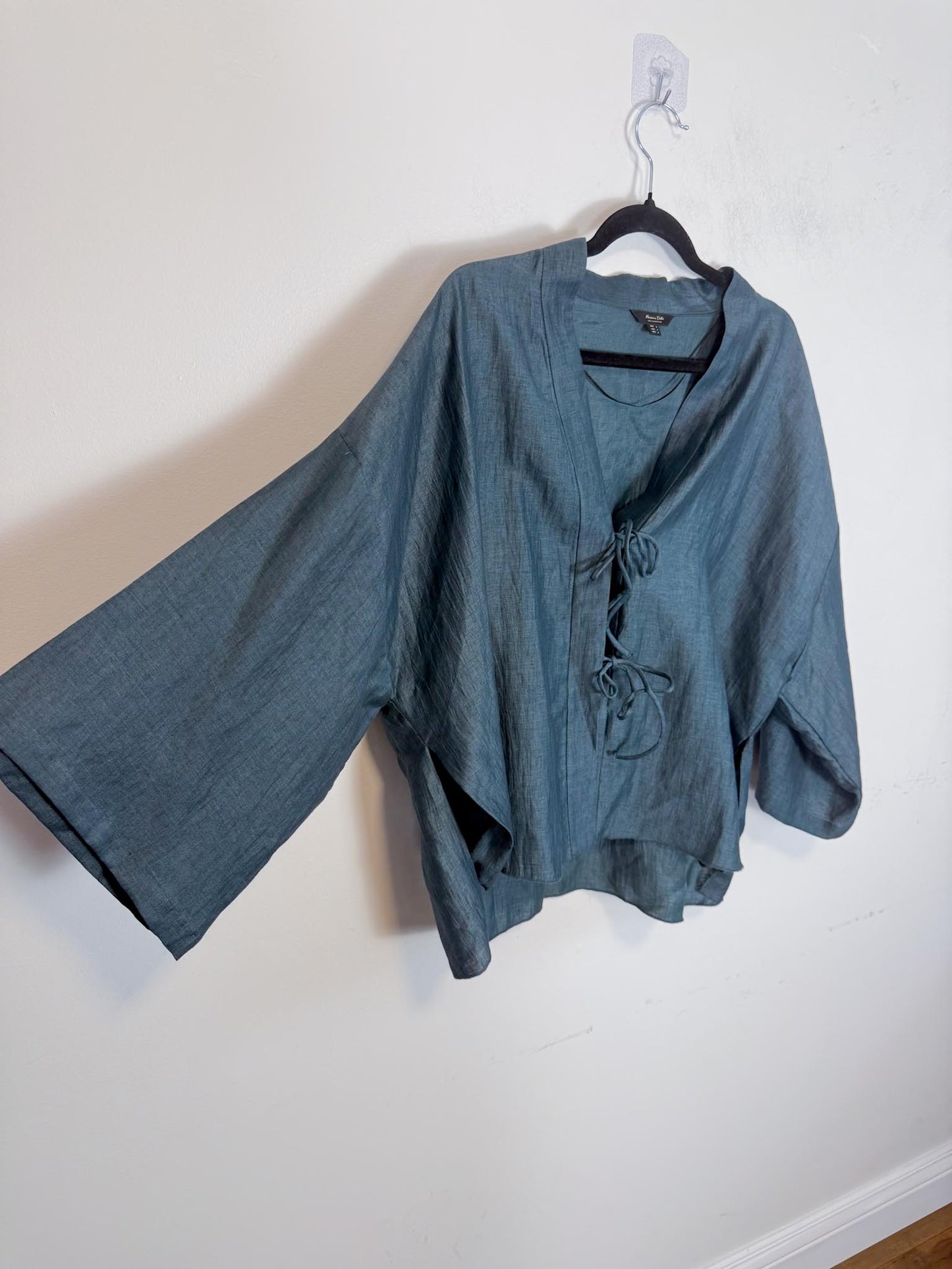 Massimo Dutti Linen Blouse in Dark Teal with Tie Up Front (Size L)