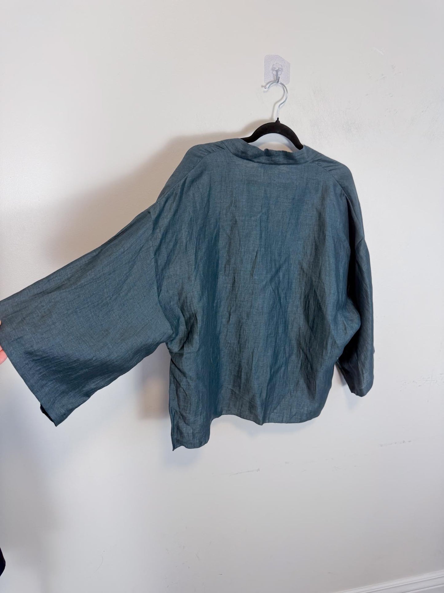 Massimo Dutti Linen Blouse in Dark Teal with Tie Up Front (Size L)
