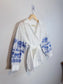 Weekend Max Mara"Embroidered Wrap Blouse in White/Blue" (Size L)