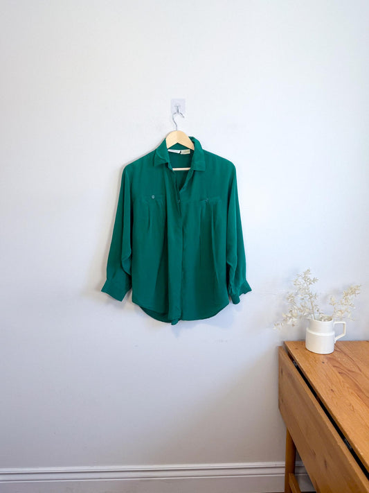 Vintage Silk Blouse in Emerald Green (Size L)