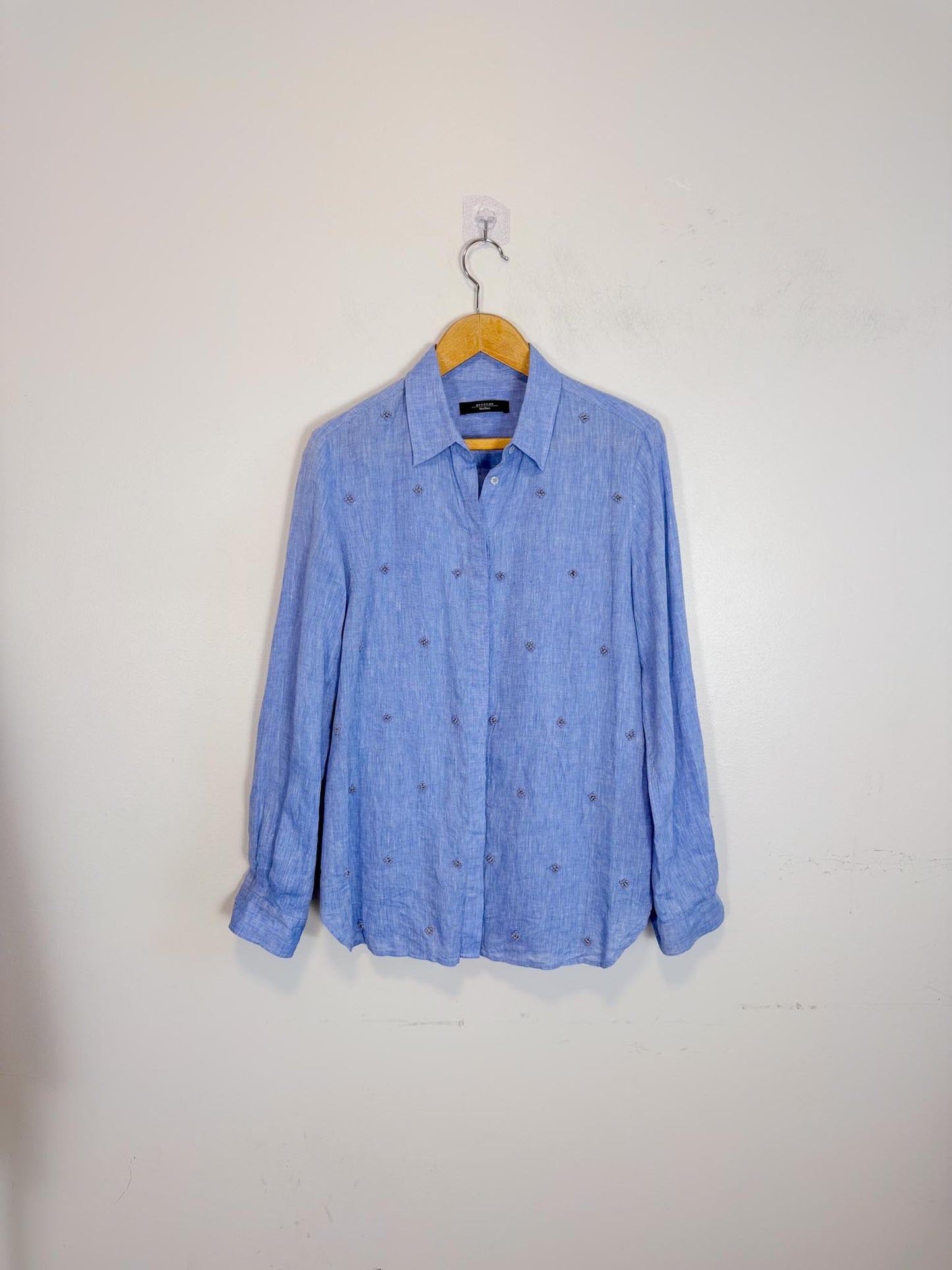 Weekend Max Mara Linen Embellished Blouse in Blue (Size M/L)