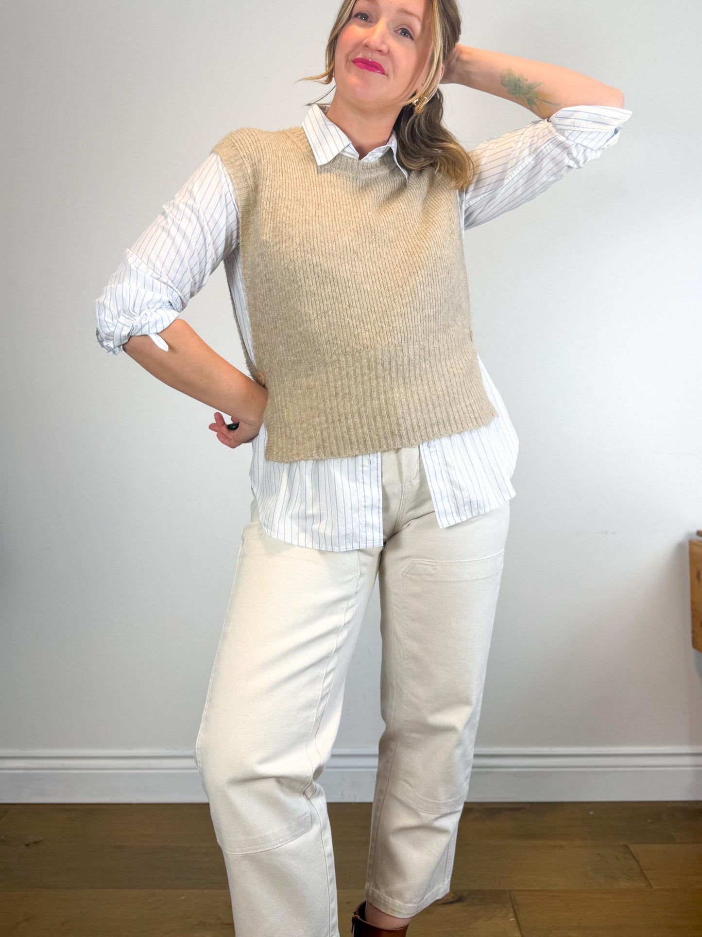 Babaton Striped Button Down in White/Blue (Size M)